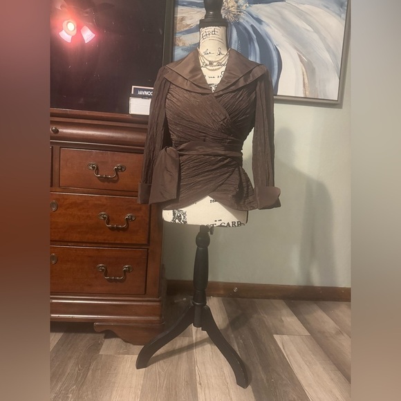 VICTOR COSTA Long Sleeve Taffeta Crinkled Top Jacket Brown Sz.6 Metallic Brown - Picture 2 of 5